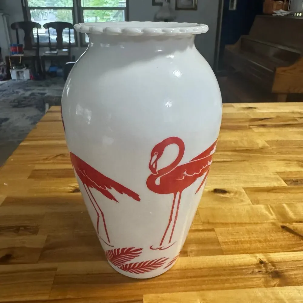 Vintage Red Flamingo Vase Anchor Hocking Vitrock Milk Glass 8